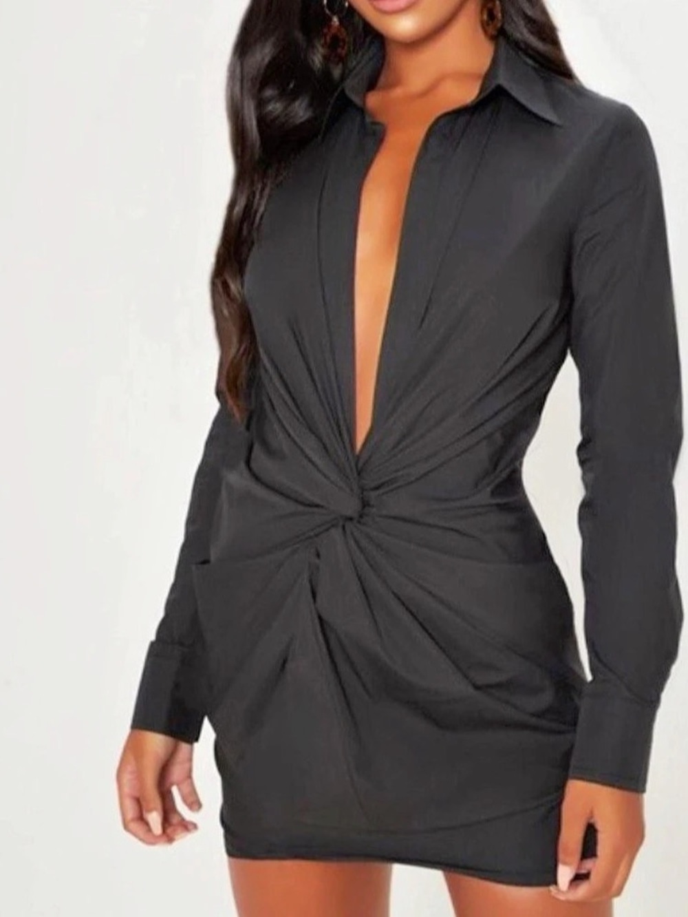 PrettyLittleThing Black Twist Front Long Sleeve Shirt Dress